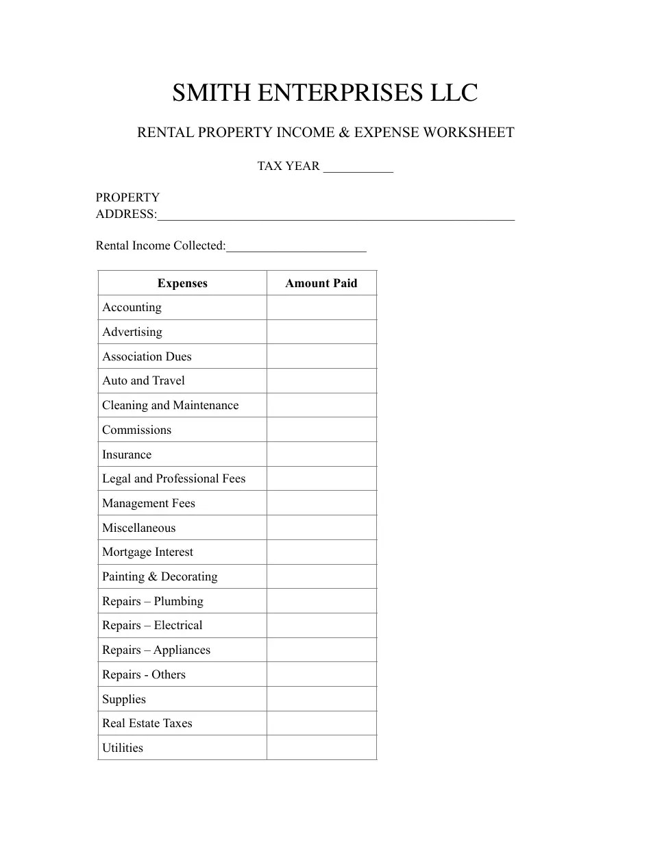 Rental Property Income & Expense Worksheet Template - Smith Enterprises