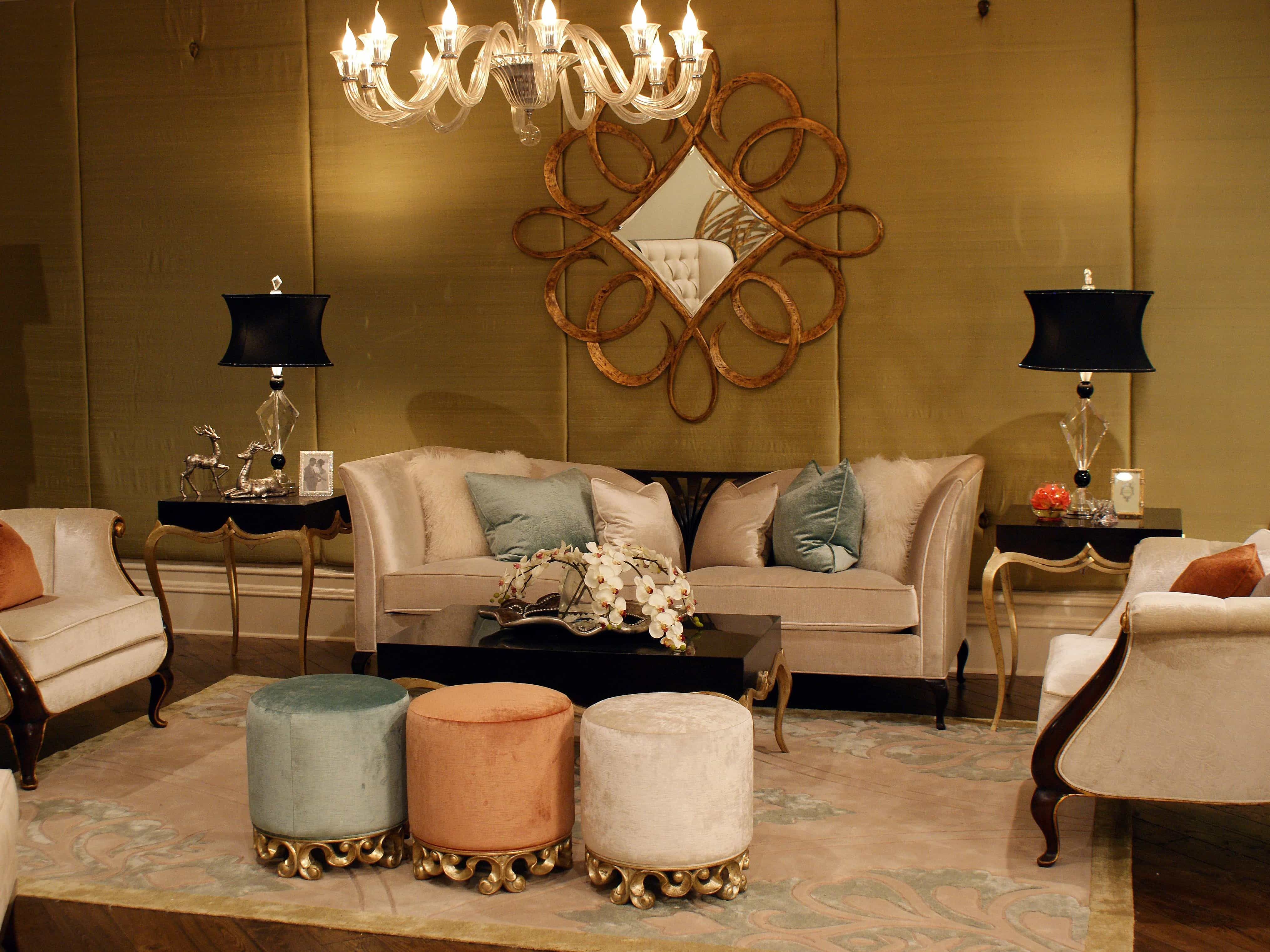 Classic Living Room With Elegant Gold Silk Covers And Large Gold Mirror