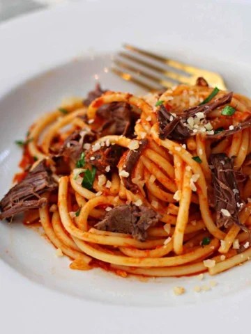 Bucatini pasta tossed with rustic marinara sauce and braised short ribs. Topped with Parmesan cheese and capers