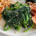 Korean Marinated Spinach Banchan: Sigeumchi Namul. This is a classic Korean banchan of spinach mixed in a garlic and sesame oil mixture.