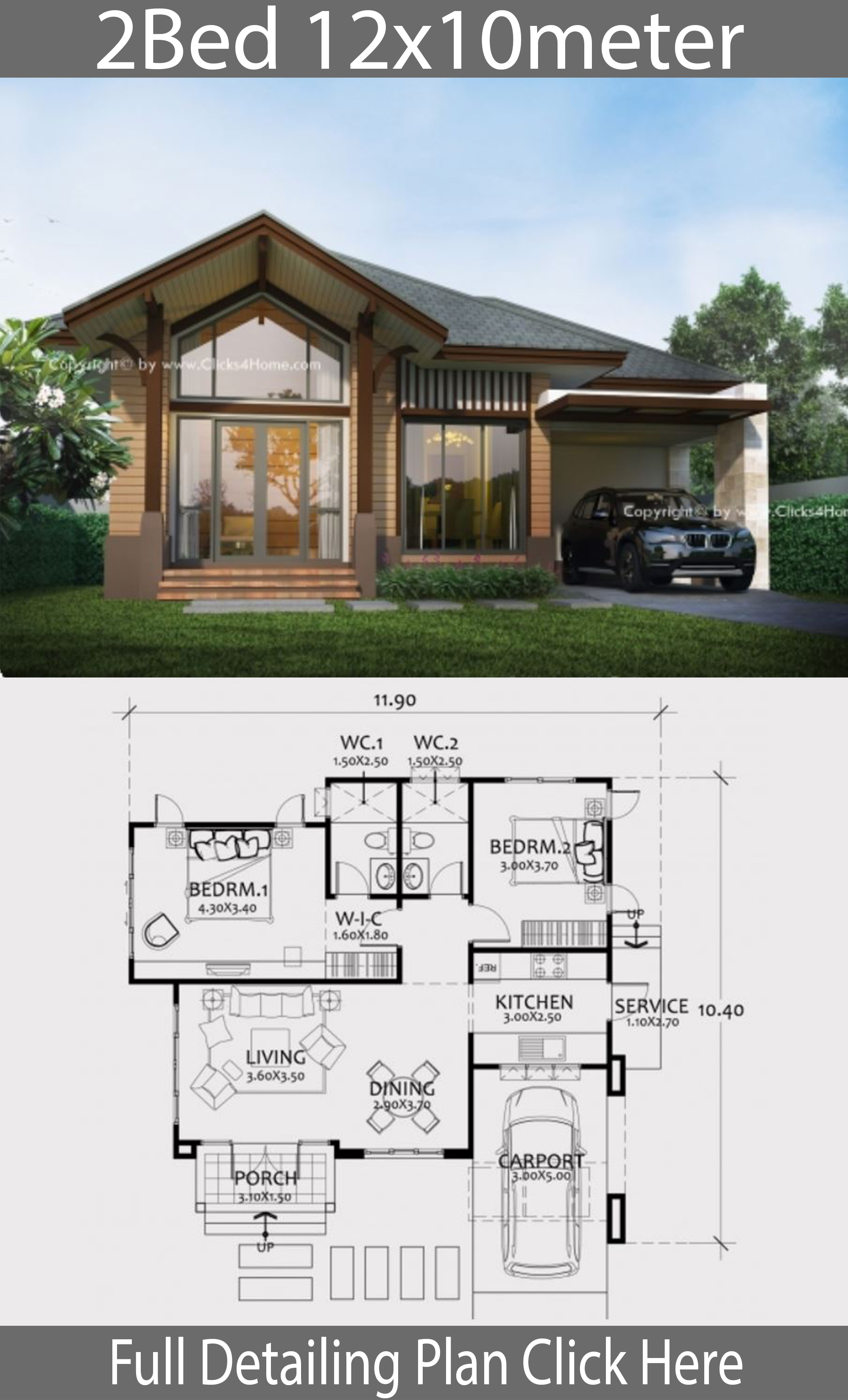 Home design plan 12x10m with 2 Bedrooms House Plans 3D