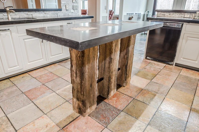 Reclaimed Wood Beam Concrete Kitchen Island with Black Top Etsy