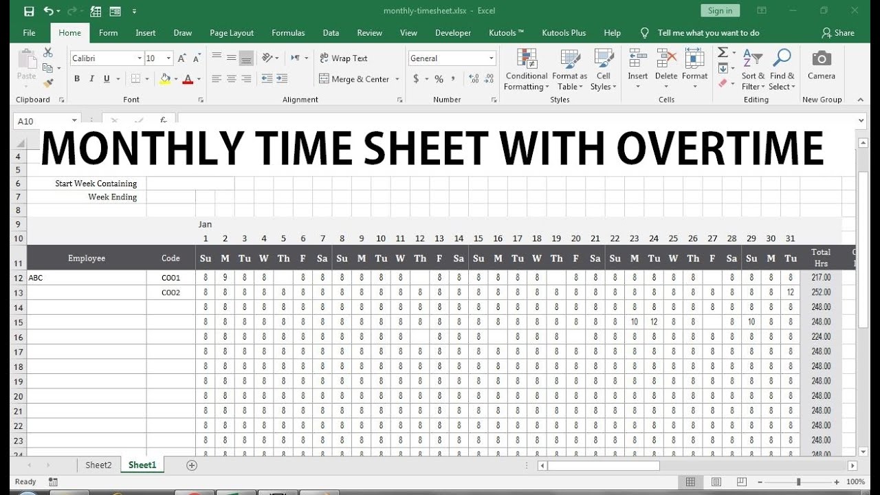 monthly timesheet with overtime template excel YouTube