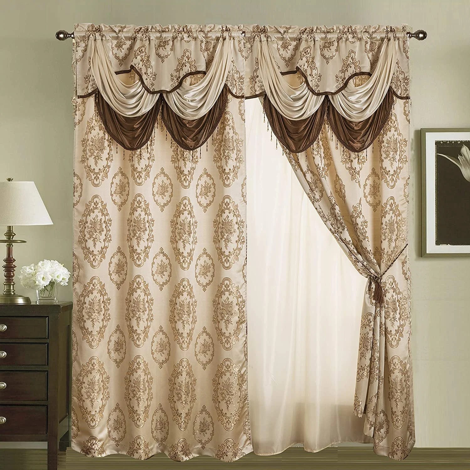 Rod Pocket Jacquard Window 84 Inch Length Curtain Drape Panels w