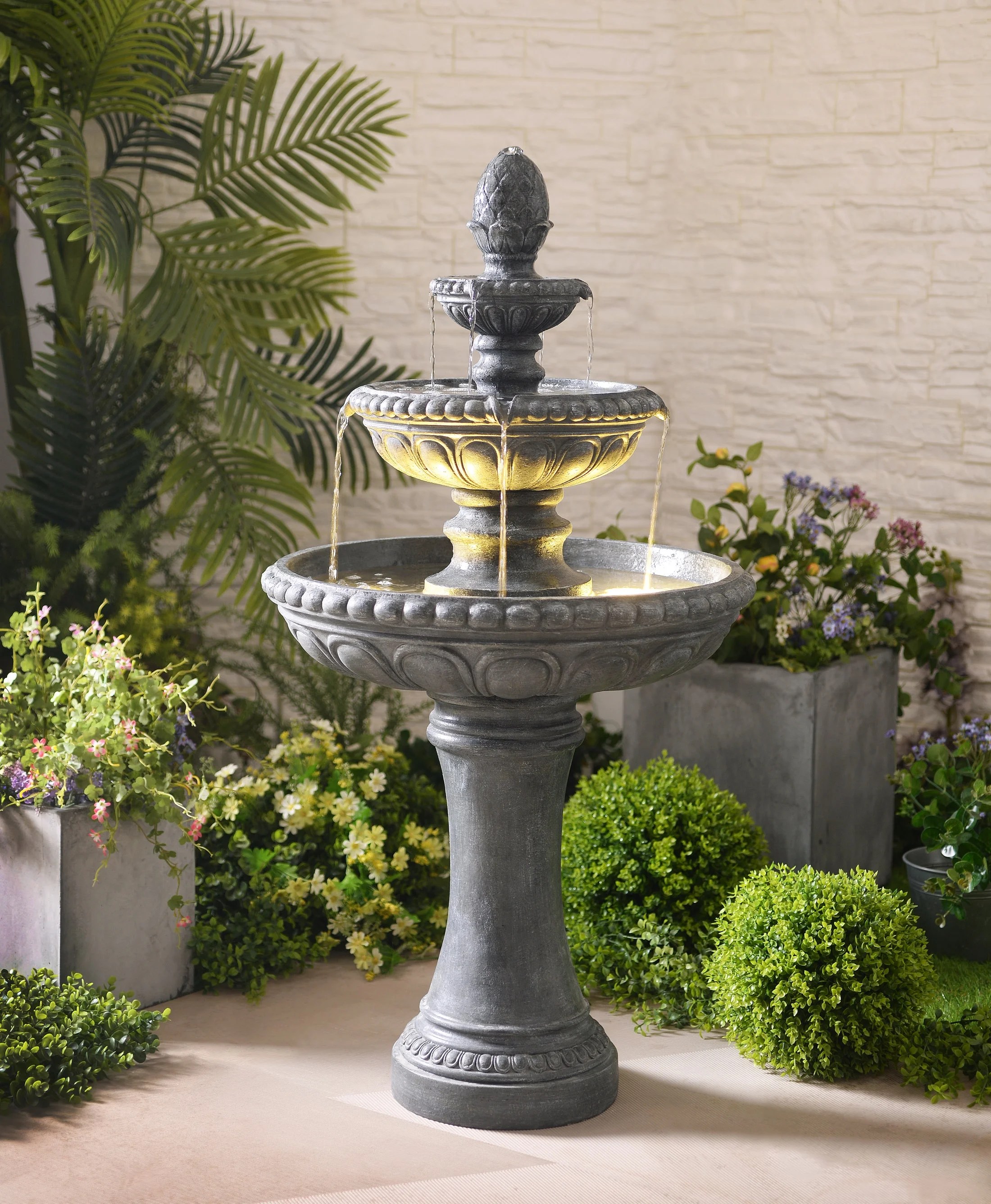 Outdoor Floor Water Fountain 48" High Three Tiered for Yard Garden