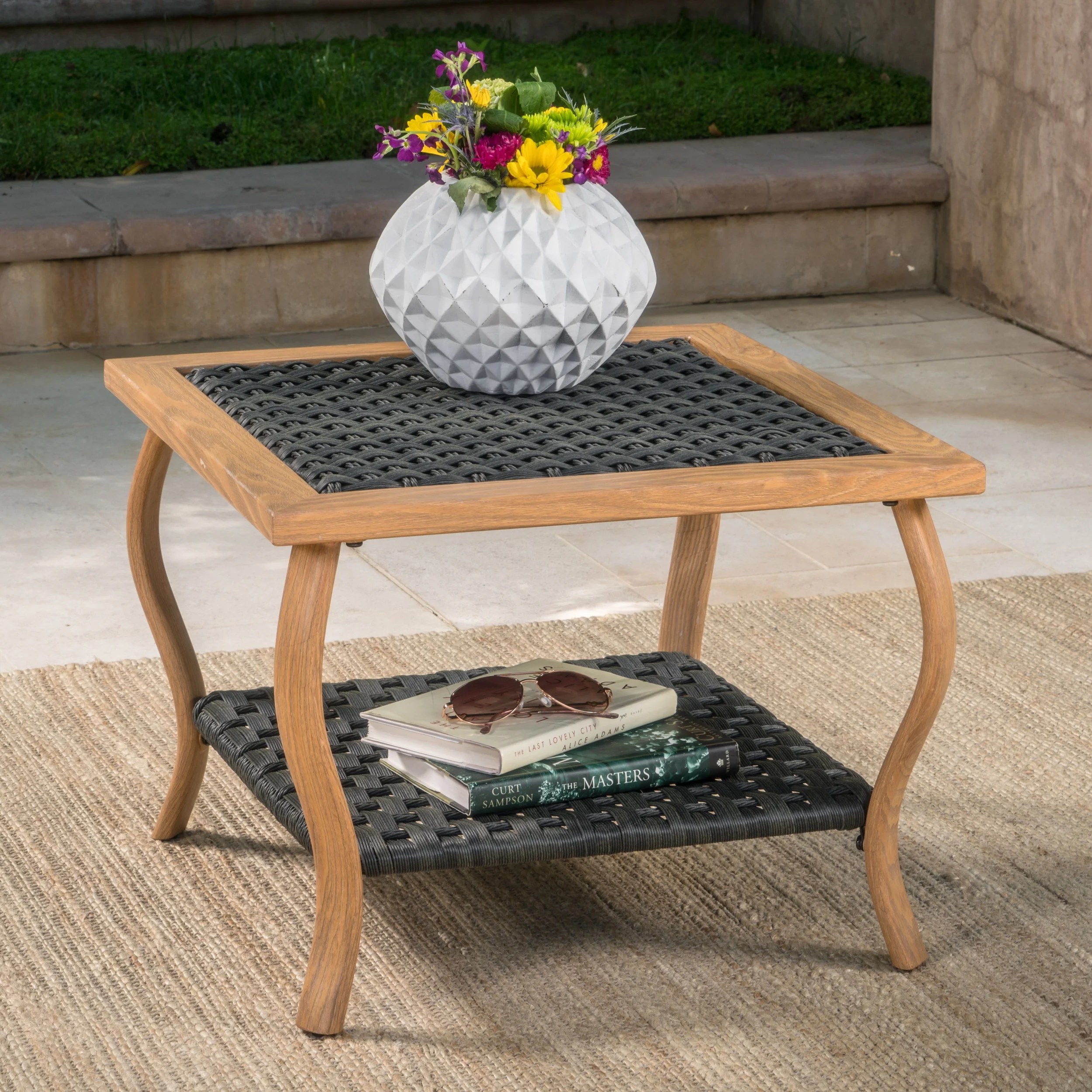 Brolin Outdoor Wicker Coffee Table with Light Brown Wood Finished Metal Legs, Grey