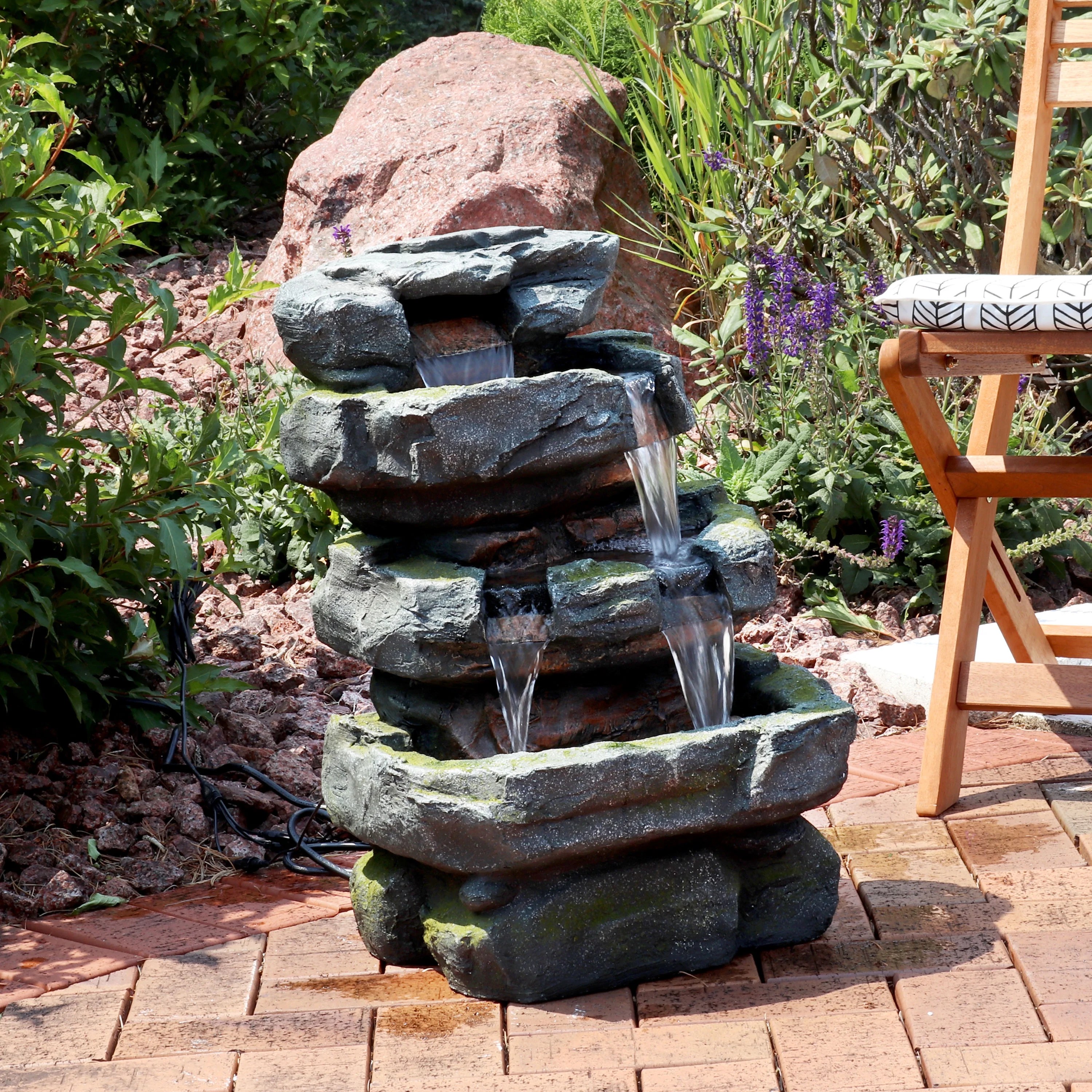 Sunnydaze Electric Outdoor Water Fountain Stone Waterfall Feature for