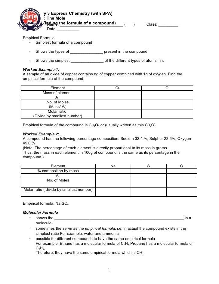 Worksheet 9.6 Empirical And Molecular Formula