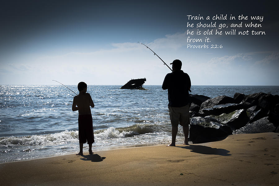 Father and Son Fishing at Sunset Beach Inspirational Bible Verse