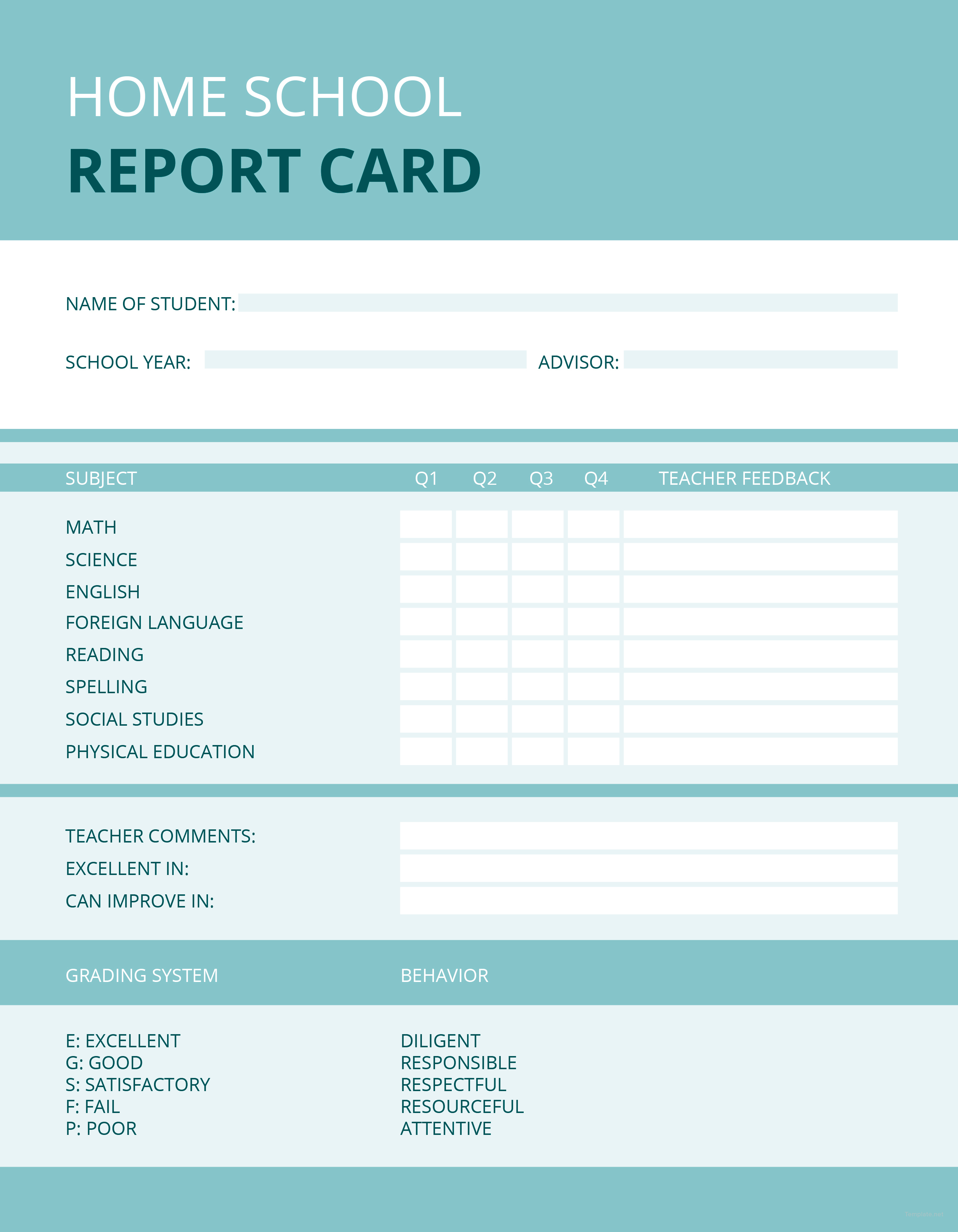 Free Downloadable Printable Homeschool Report Card Template