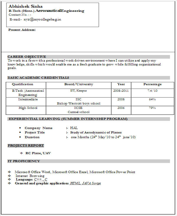 Resume Format For Cse Freshers Pdf Resume