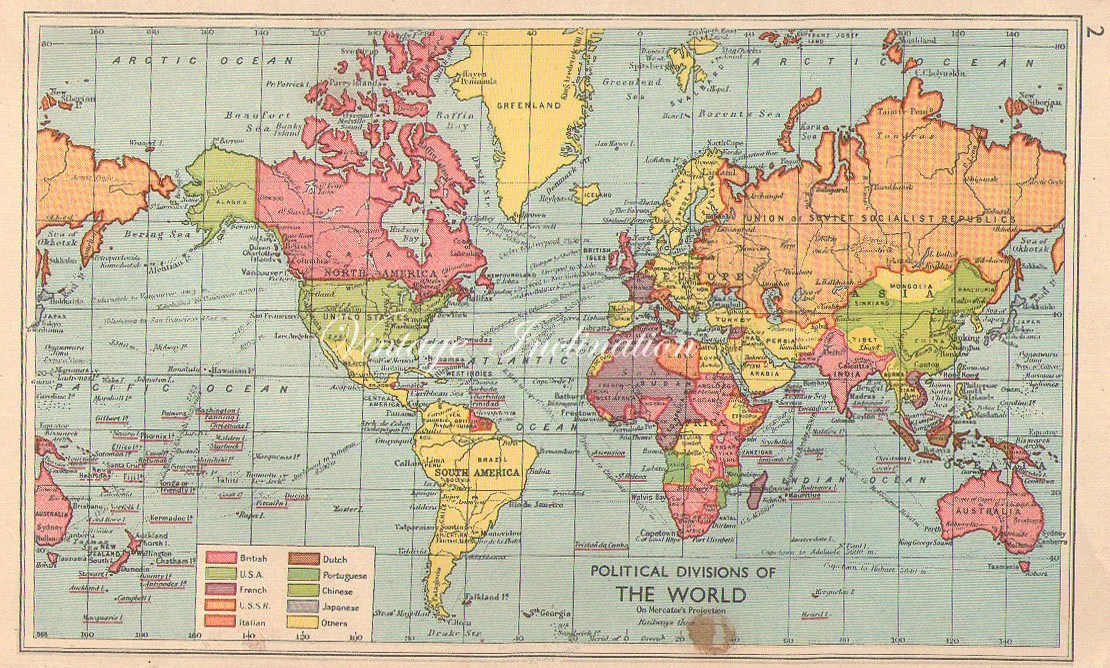 1949 Vintage Map of the World political color