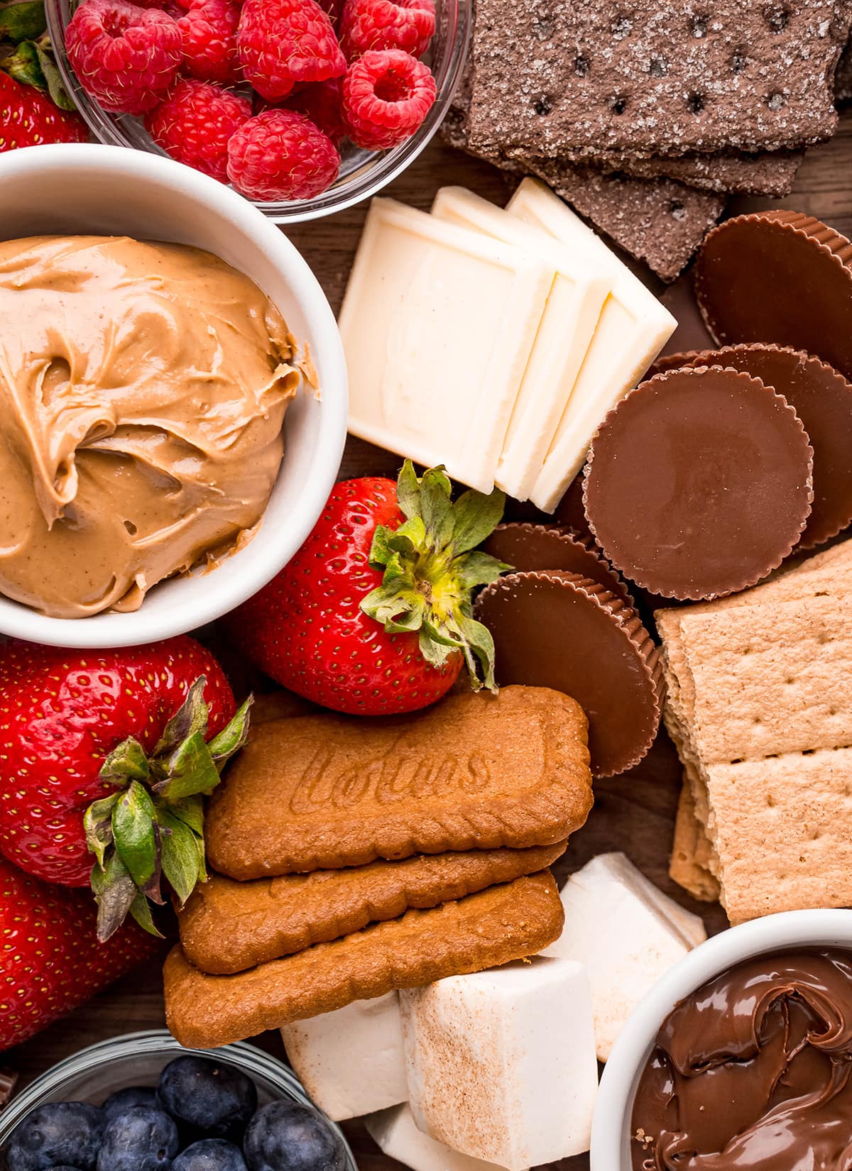 A close up of ingredients needed for a s'mores charcuterie board.