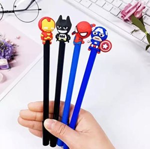 PartyFlex 4 Pack Blue Gel Pen Cartoon Hero Gel Ink Pens for Kids Students 0.5mm Fine Point for Writing and Drawing Party