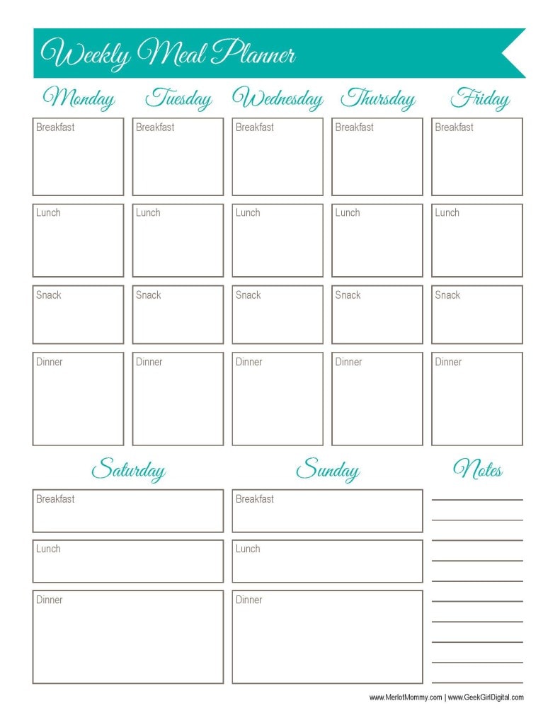 30 Days of Free Printables: Weekly Meal Planner Worksheet | Merlot Mommy