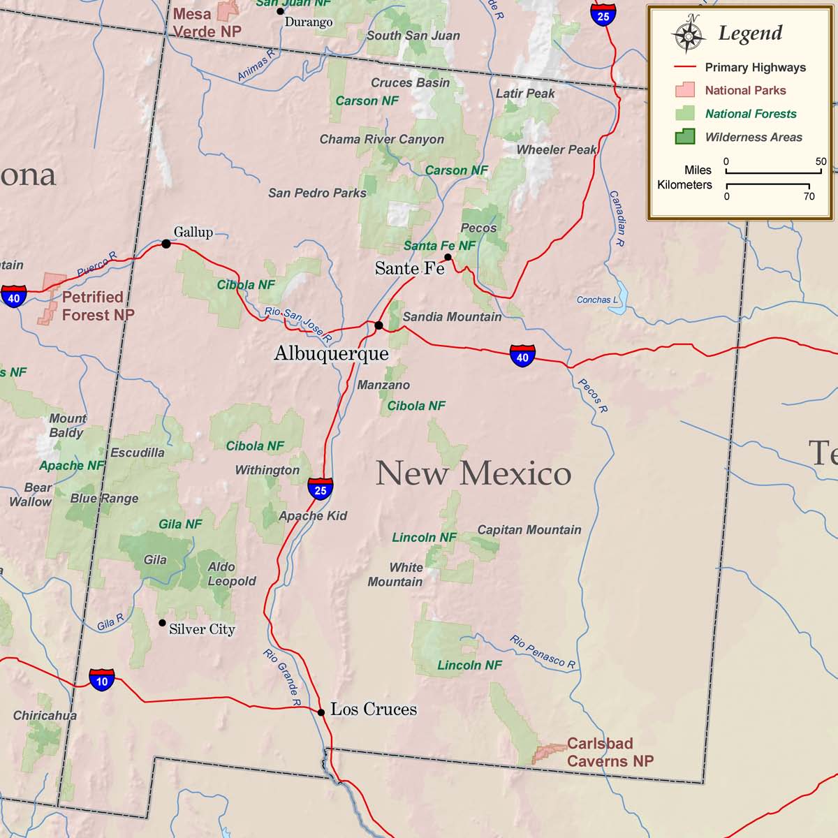 New Mexico National Parks, Forests & Wilderness Map Rocky Mountain