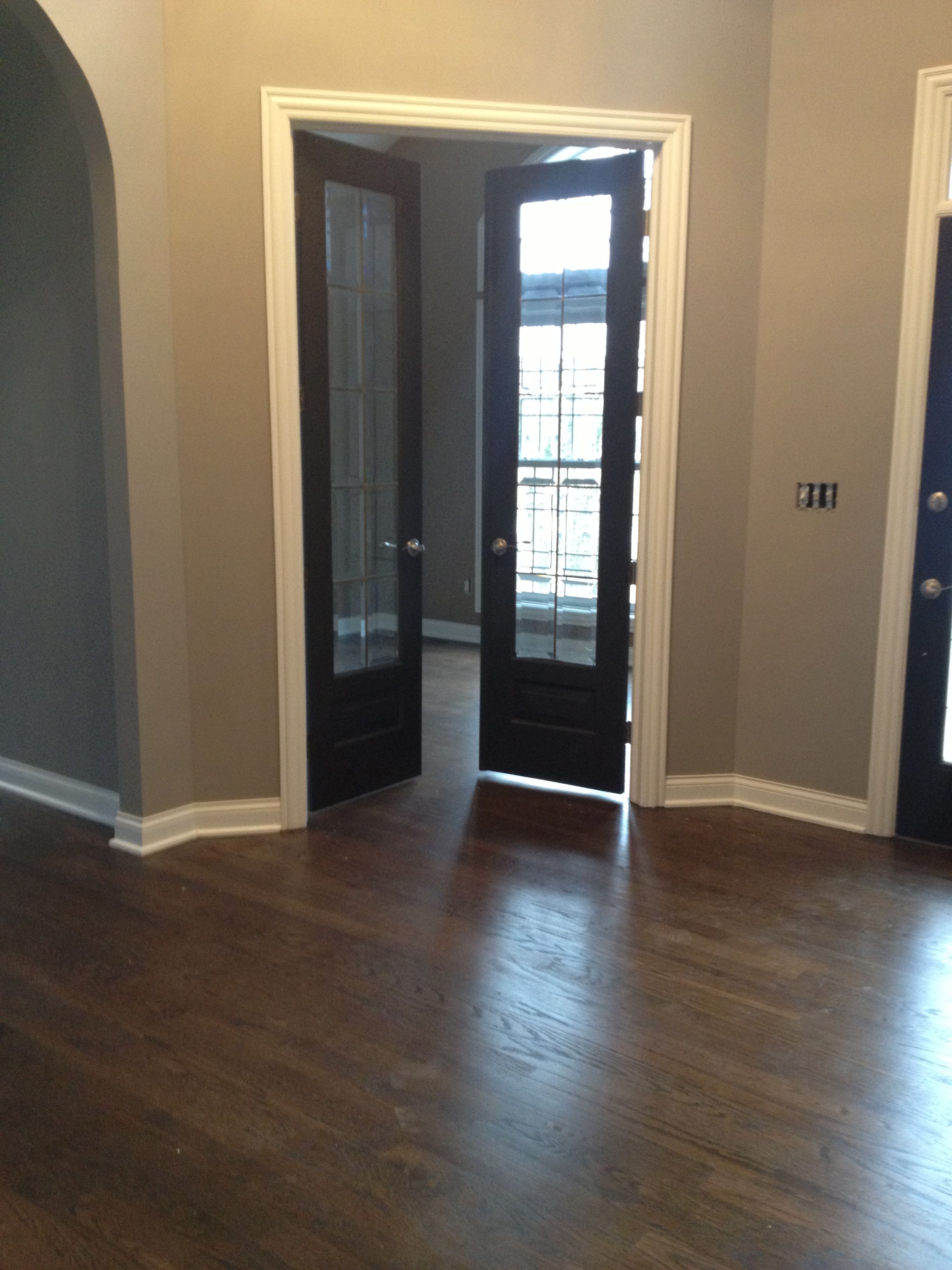 dark floors, grey walls, black doors, white trim Office Goals