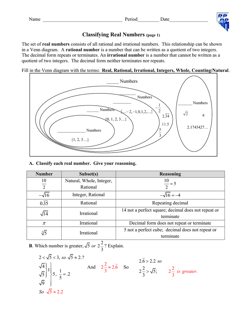 Classifying Real Numbers Worksheet - Onlineworksheet.my.id