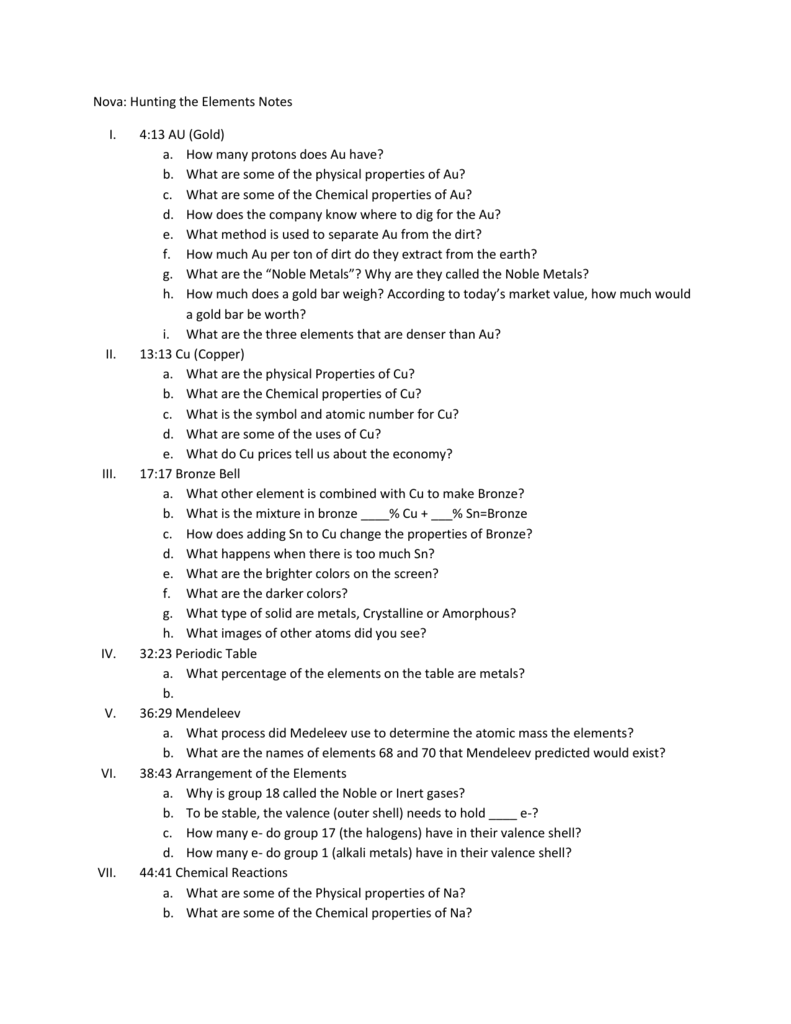 Hunting The Elements Nova Answer Key