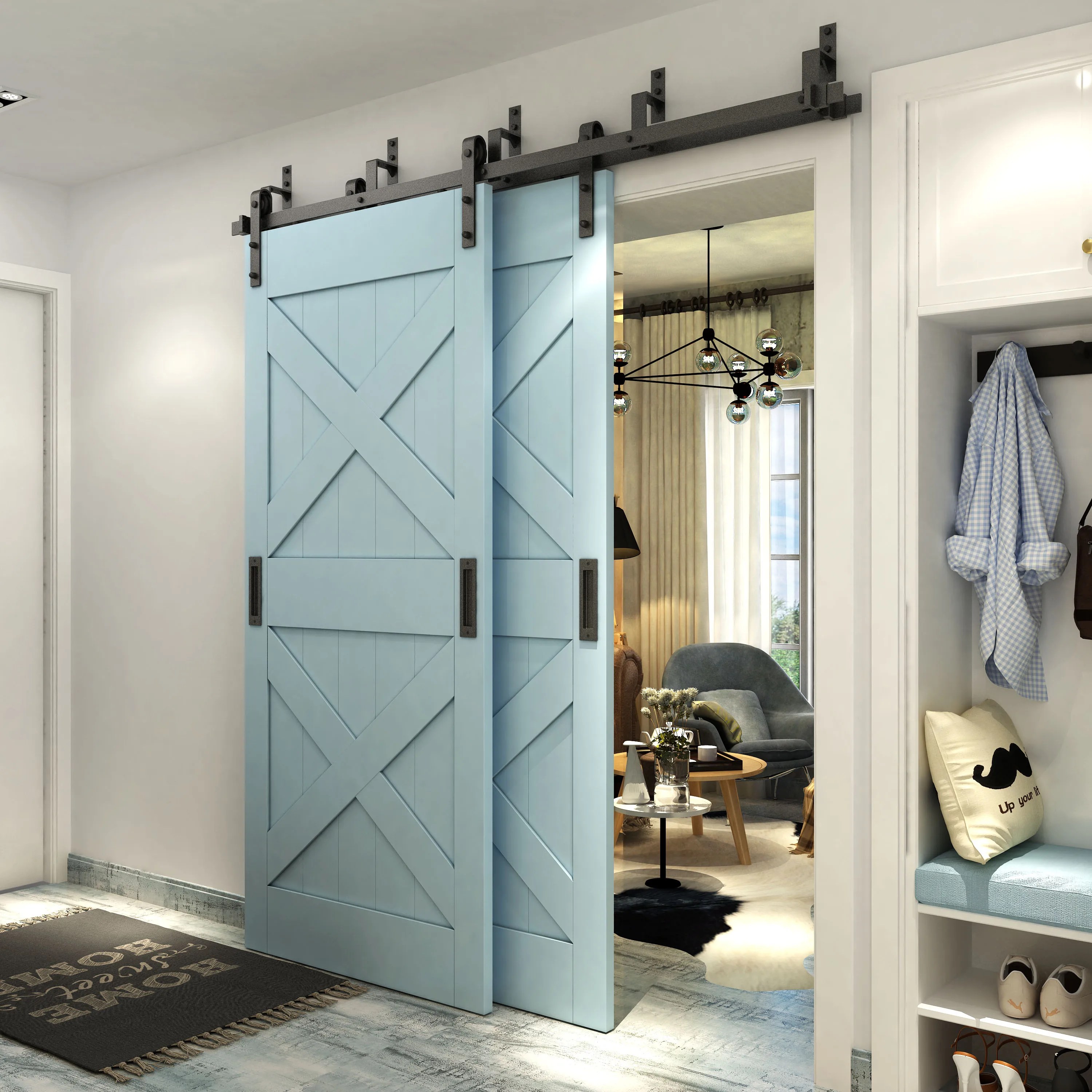 Interior Double Z Barn Door With Flat Track Stainless Steel Face Mount