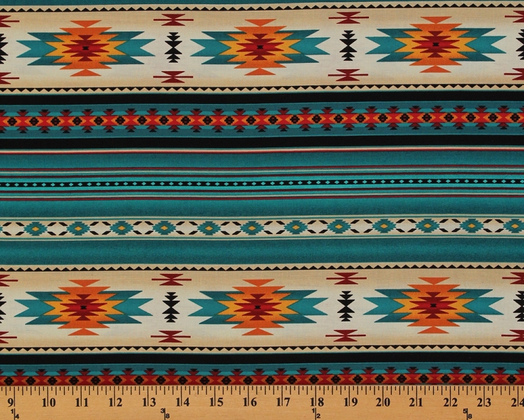 Cotton Southwestern Native American Aztec Tucson 201 Turquoise Stripes