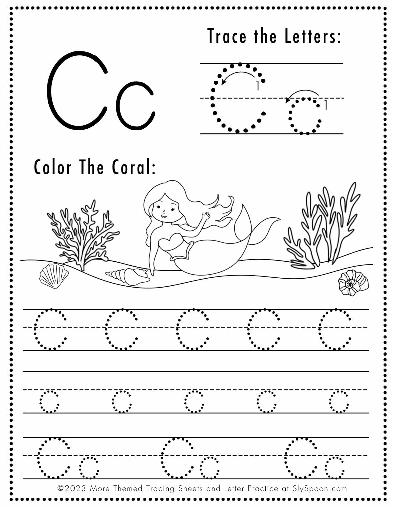 Free Letter C Tracing Worksheets (Printable) Mermaid Themed - Sly Spoon