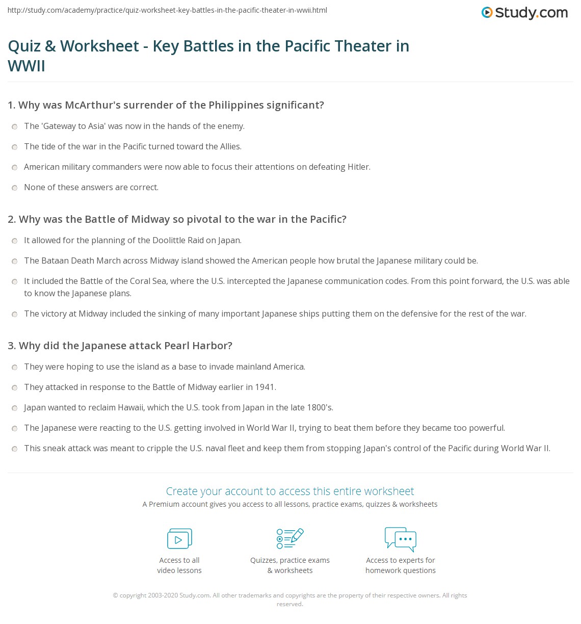 Quiz & Worksheet Key Battles in the Pacific Theater in WWII