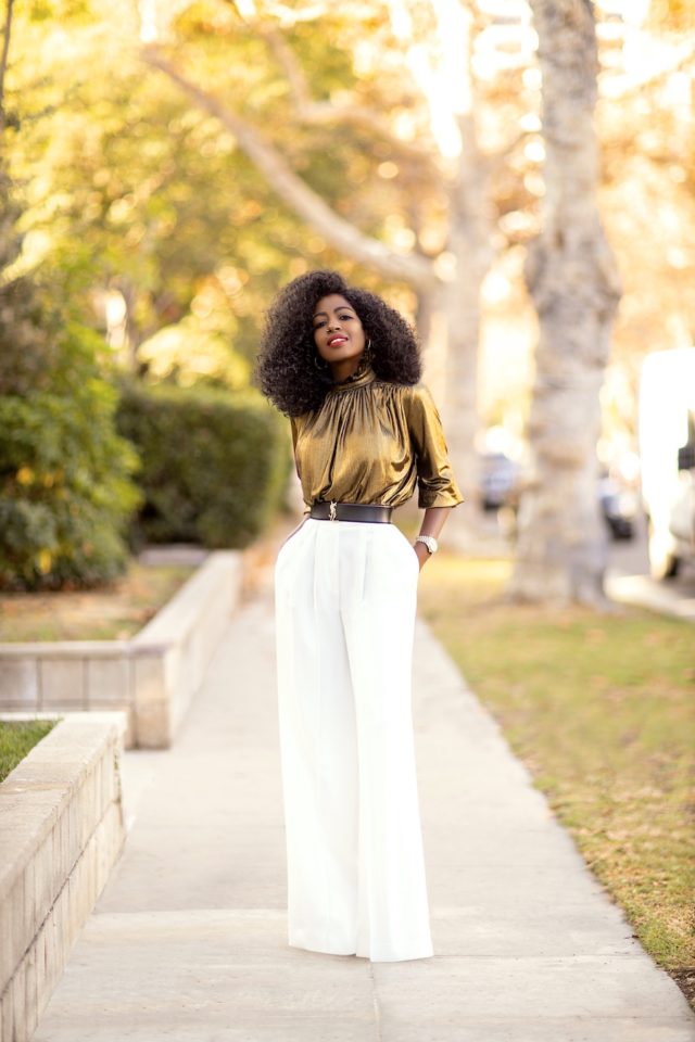 Style Pantry Gold Ruched Top + High Waist Wide Leg Pants