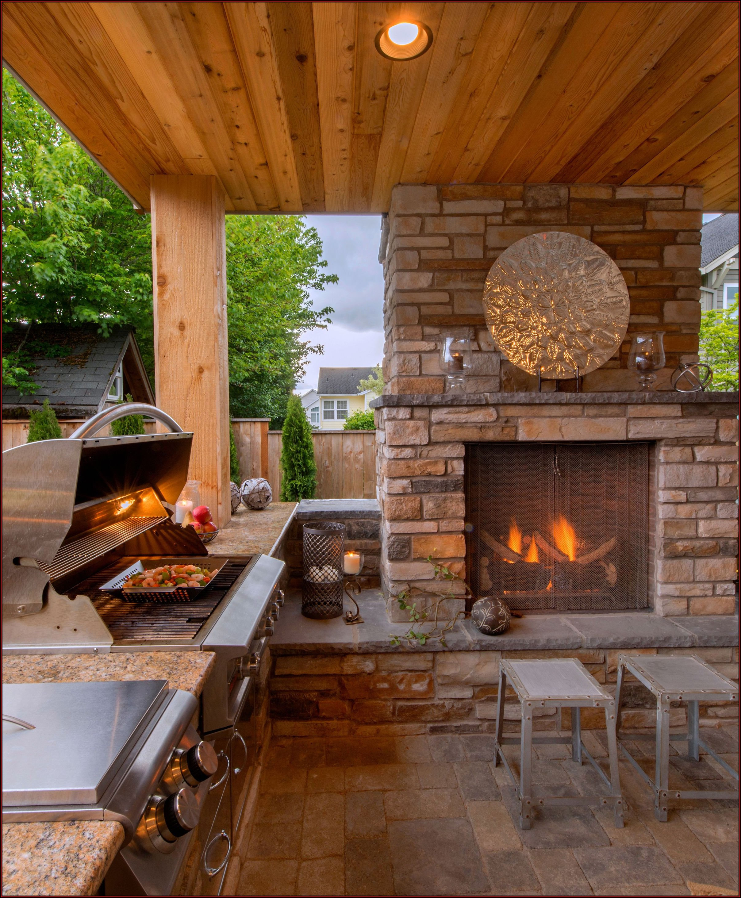 Outdoor Covered Patio With Fireplace And Kitchen