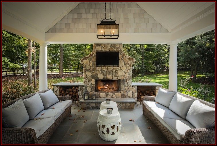 Outdoor Covered Patio With Stone Fireplace