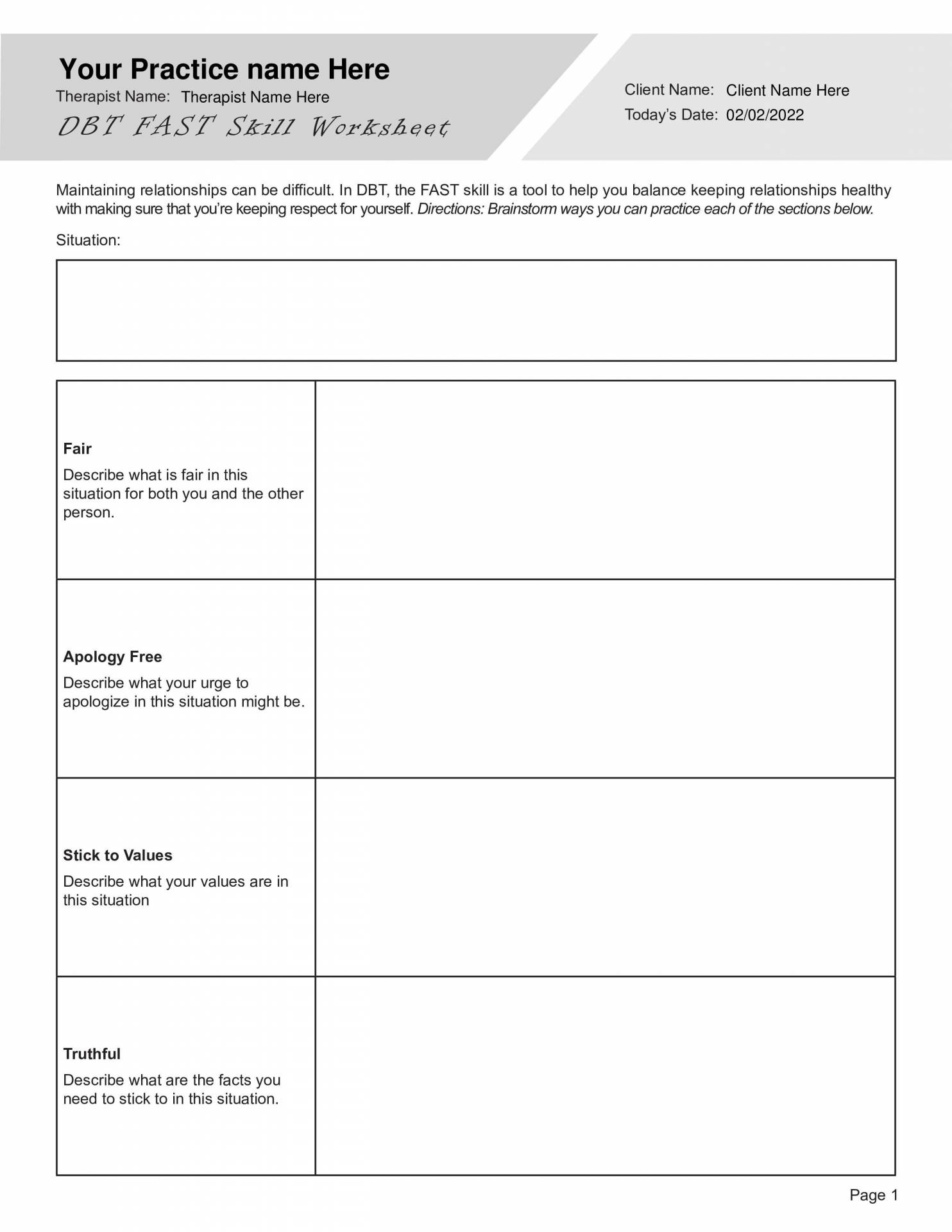 Dbt Fast Skill Worksheet Editable Fillable Pdf Template Mental Health