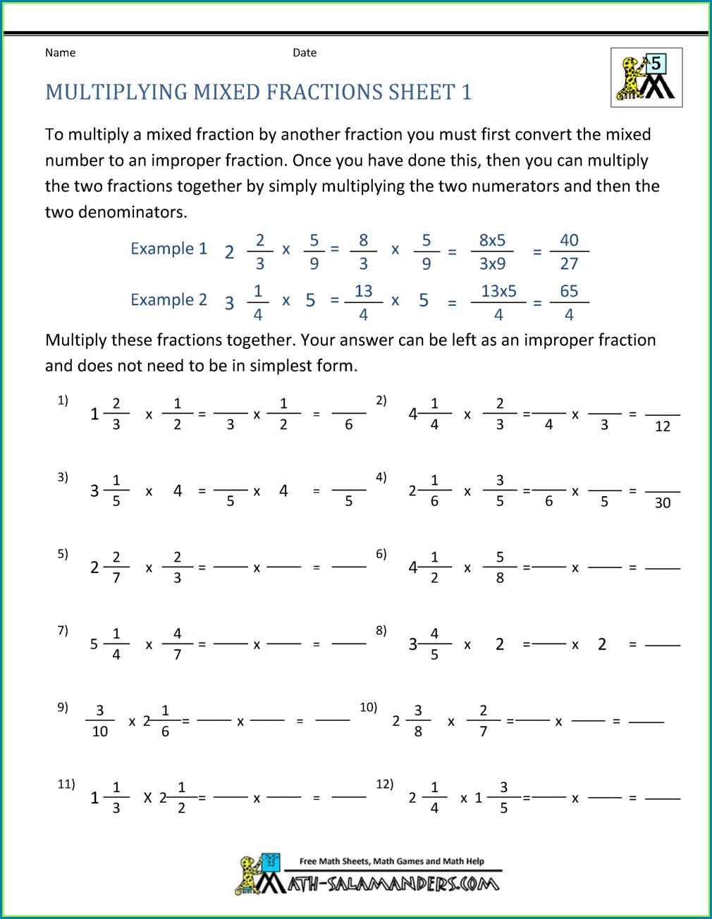 Multiplying Mixed Numbers Worksheet 5th Grade