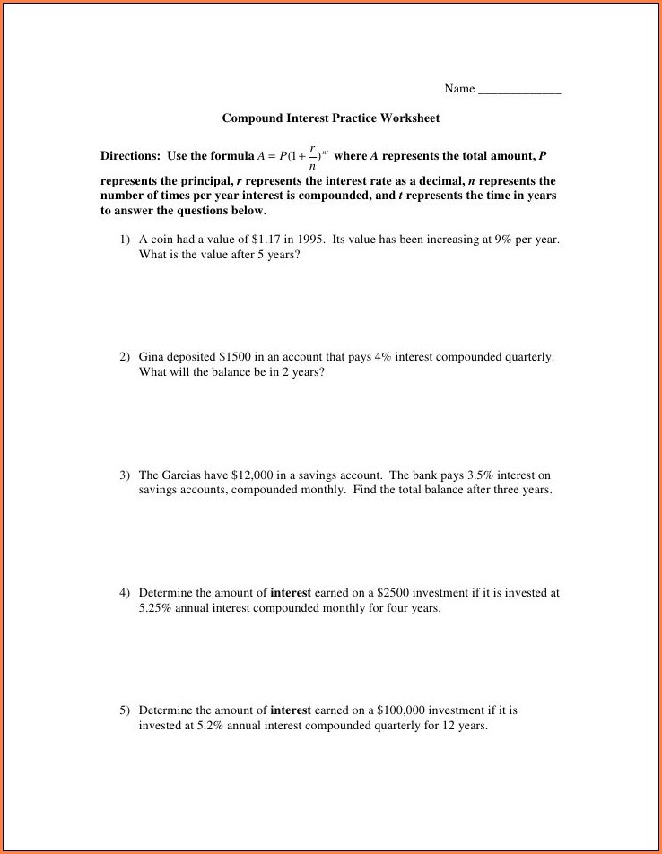 Compound Interest Word Problems Worksheet Doc