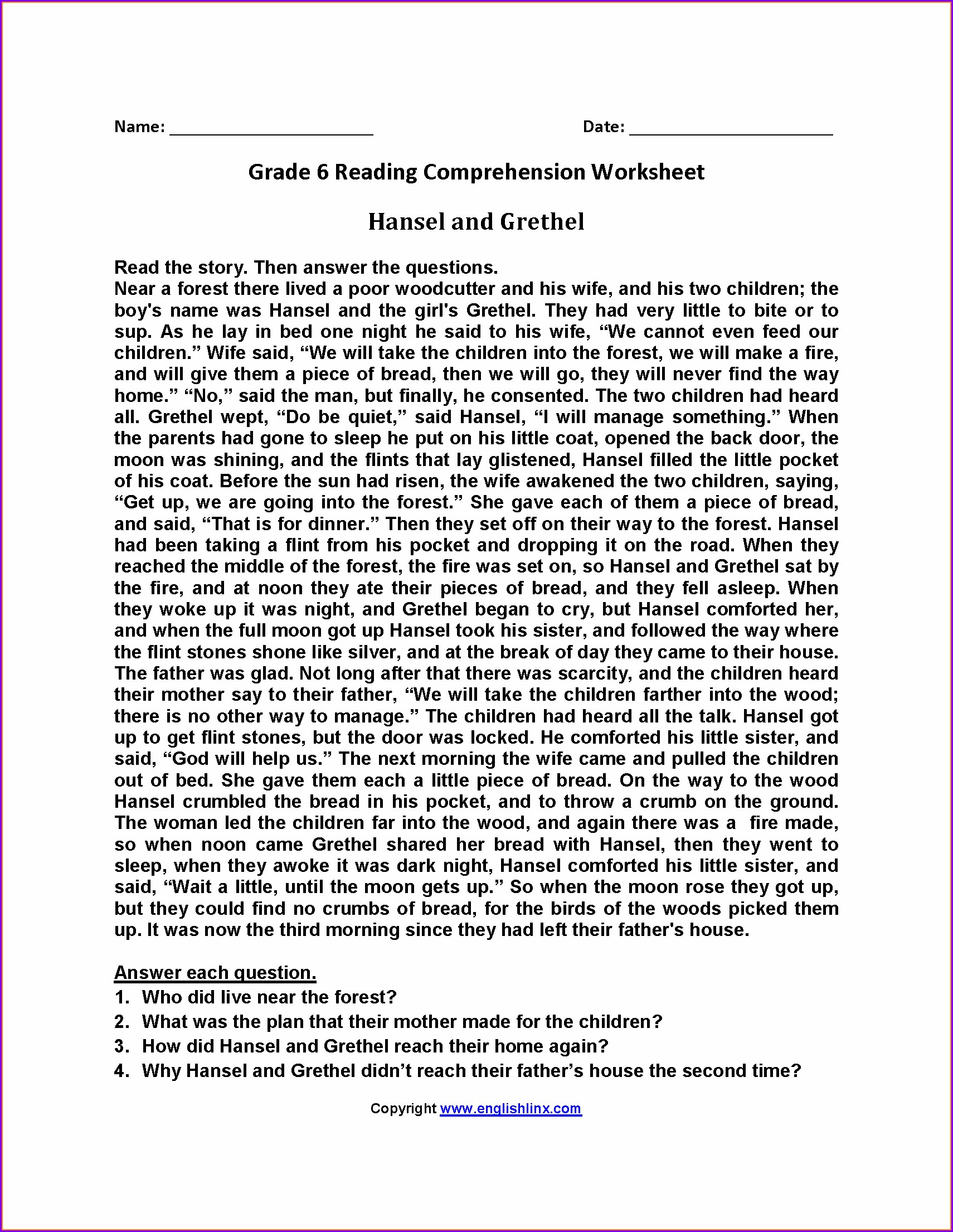 Comprehension English Worksheet For Grade 4