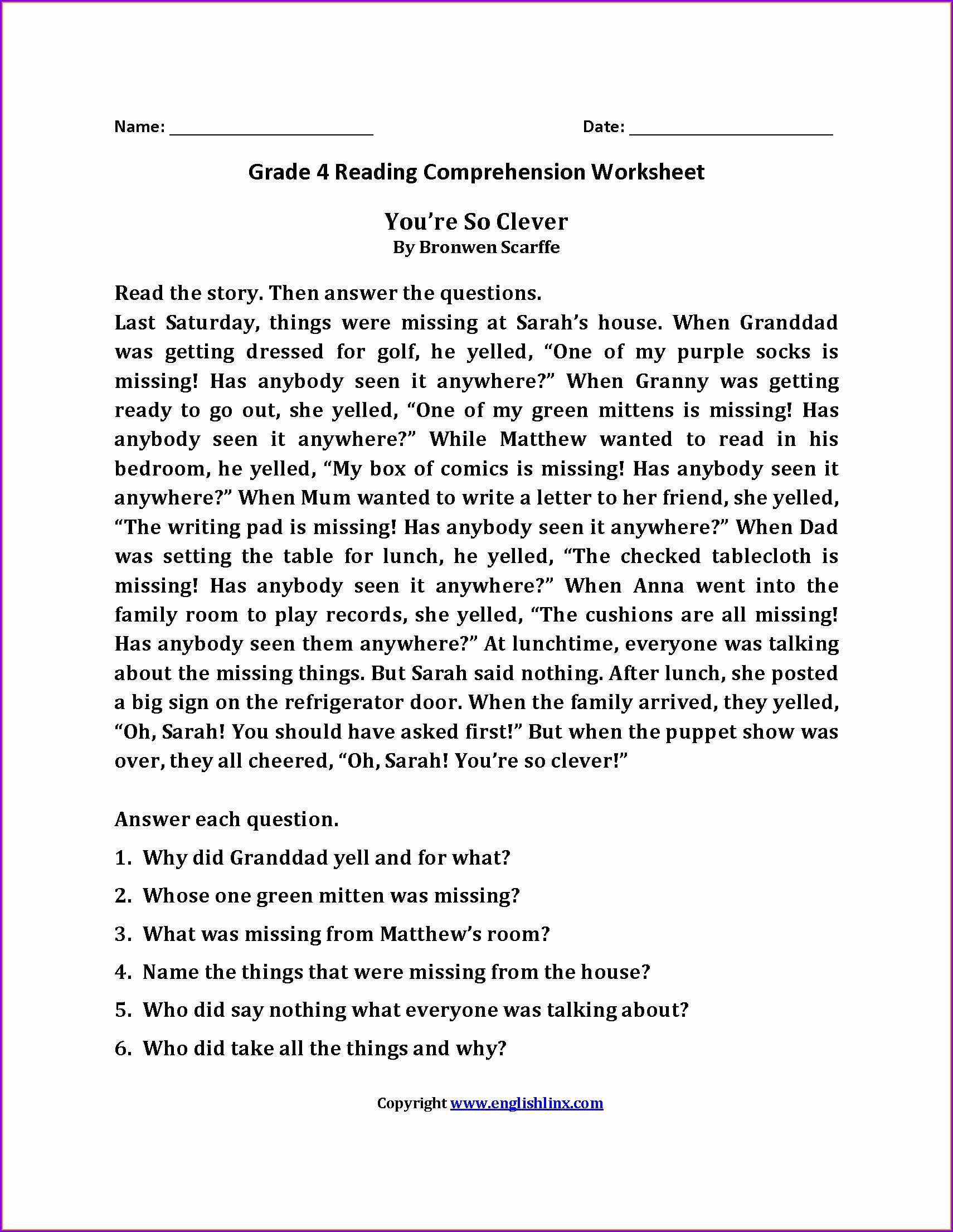 Comprehension Grade 4 English Worksheets