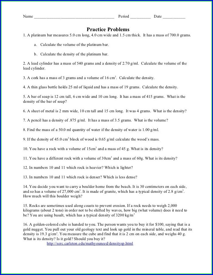 Density Word Problems Worksheet Answers Key