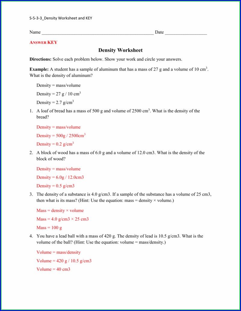 Density Word Problems Worksheet Answers