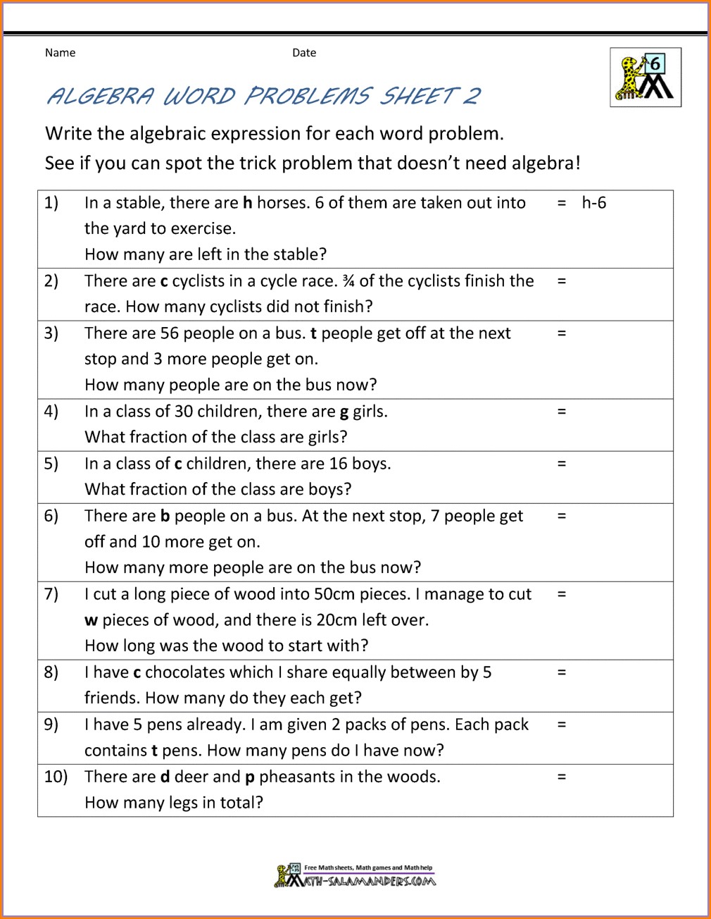 Simple Age Word Problems Worksheet