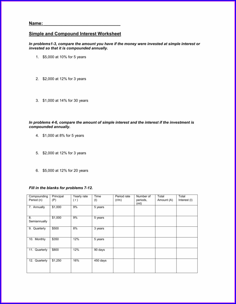 Compound Interest Worksheet Math.about.com