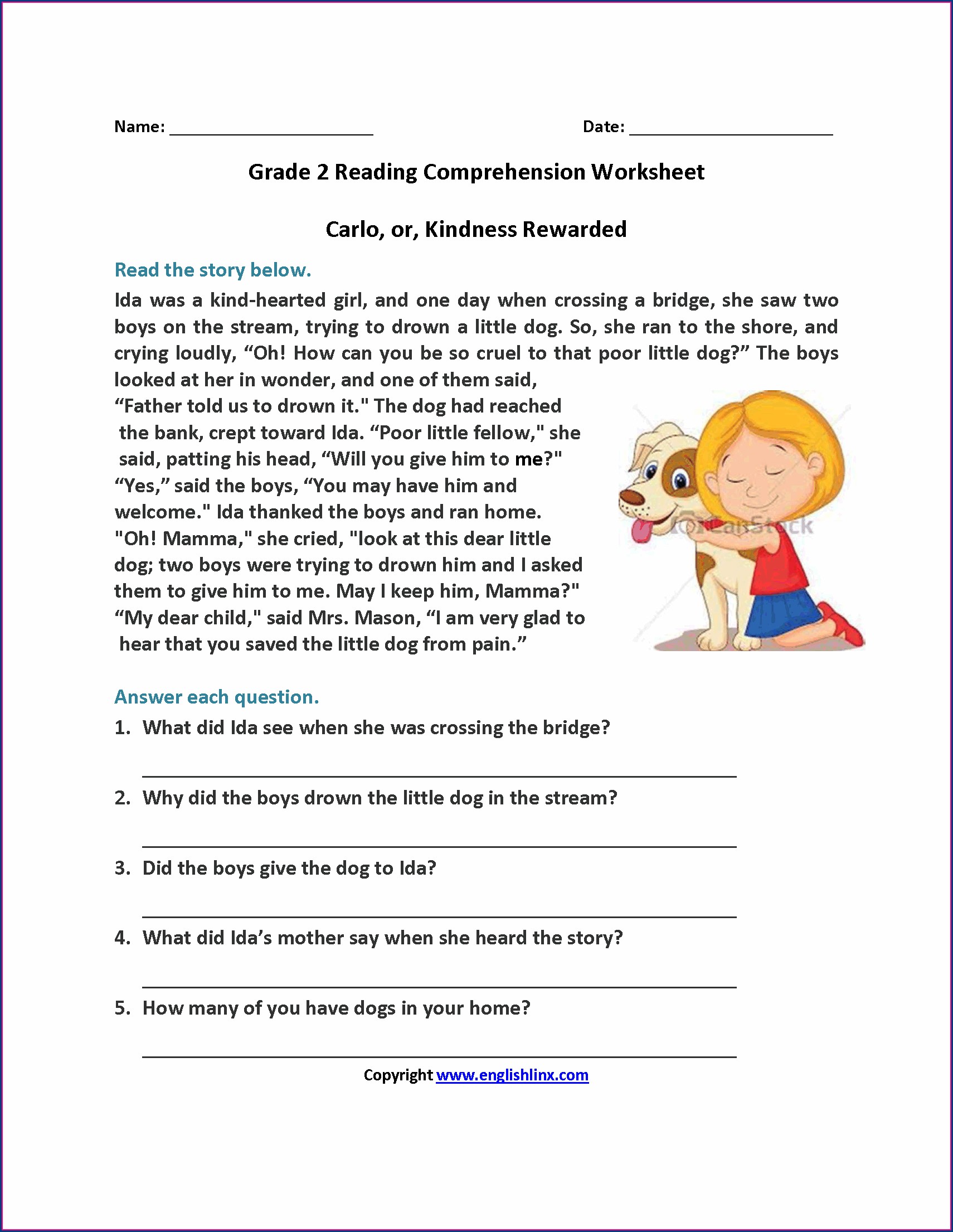 Comprehension For Grade 2 English Worksheet Pdf