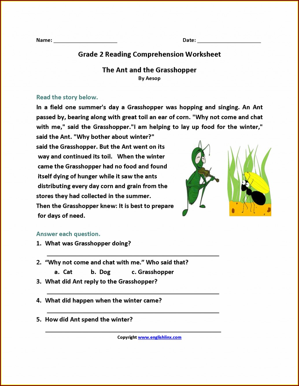 English Comprehension Worksheet Grade 2