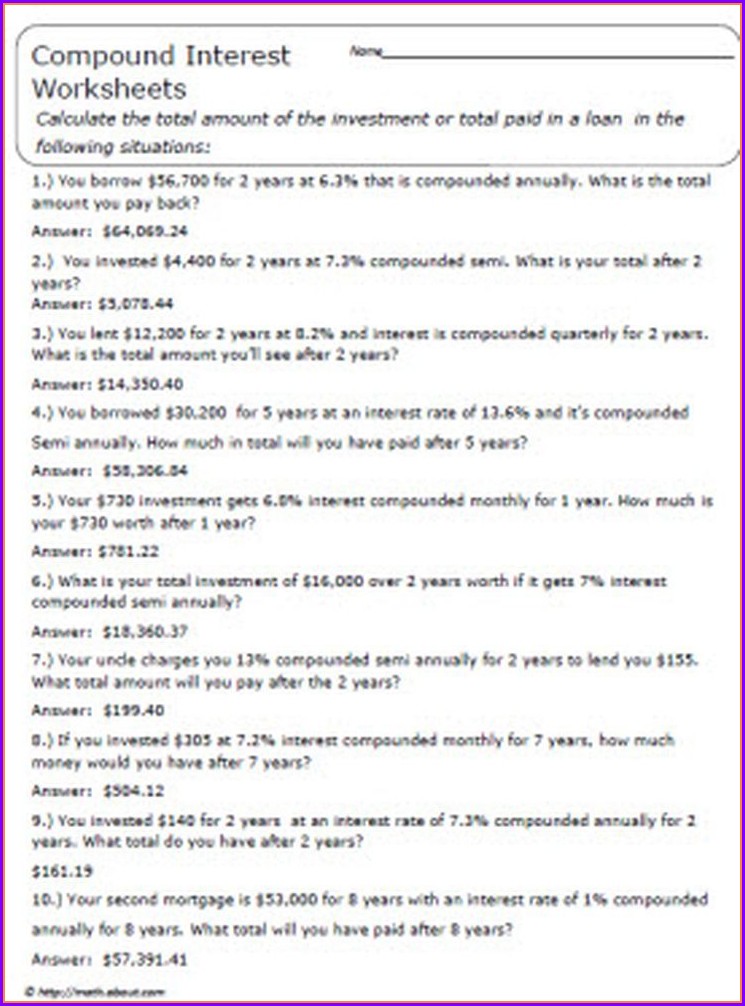 Simple And Compound Interest Word Problems Worksheet With Answers