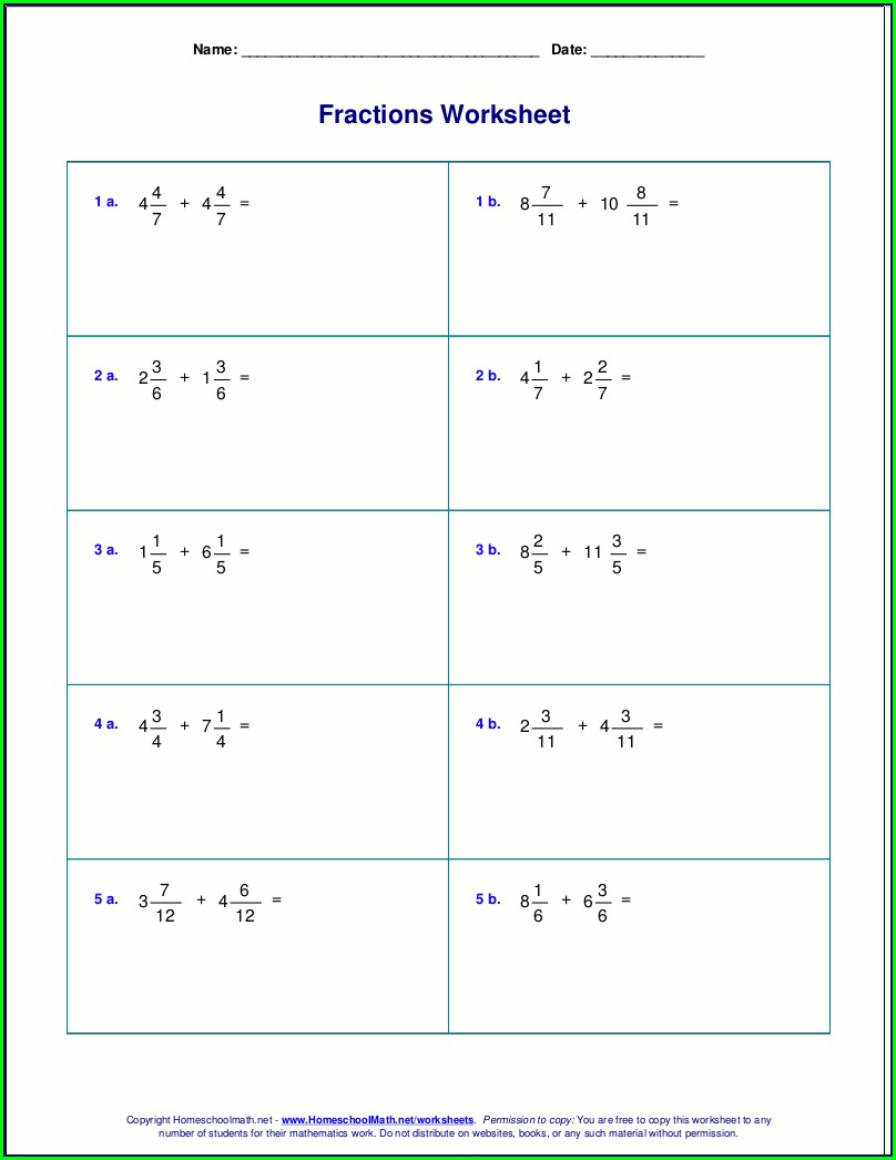 Adding Fractions With Different Denominators Worksheets