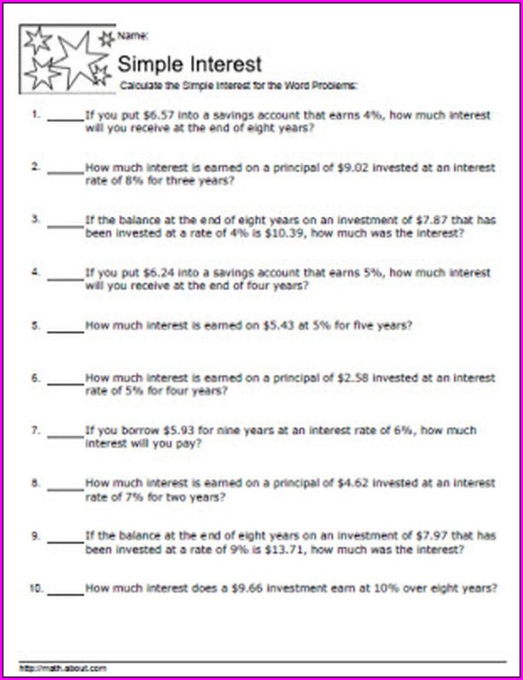 Simple Interest Math Worksheets