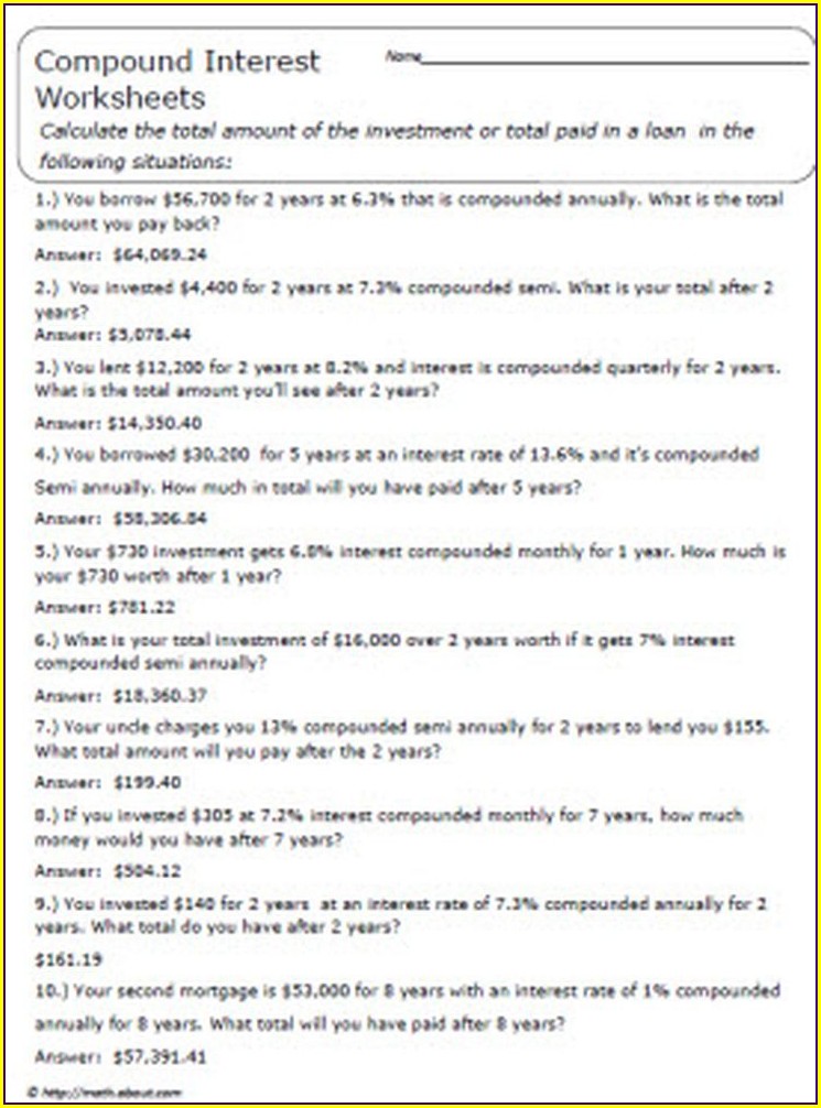 Compound Interest Word Problems Worksheet