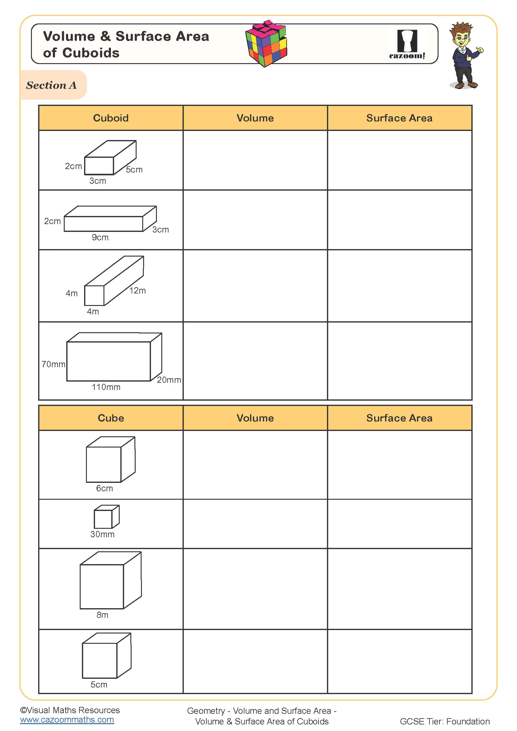 Volume and Surface Area of Cuboids Worksheet | Printable Maths Worksheets