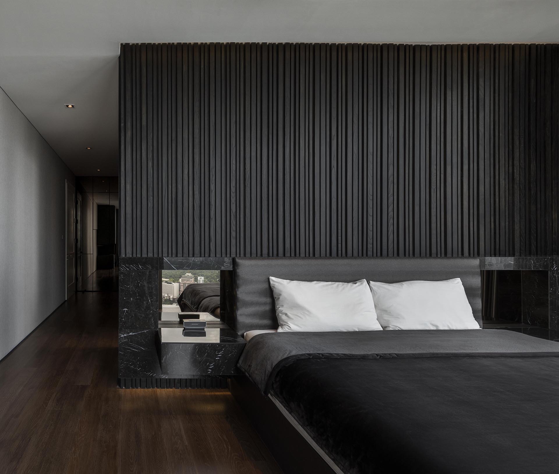 This Bedroom's Textured Accent Wall Was Made With A Variety Of Black