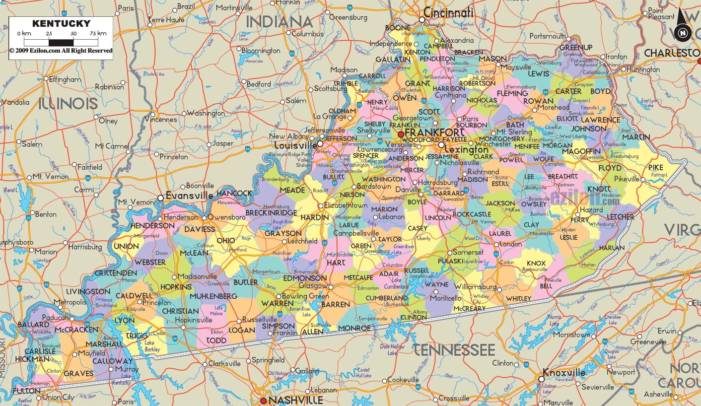 Detailed Political Map of Kentucky Ezilon Maps