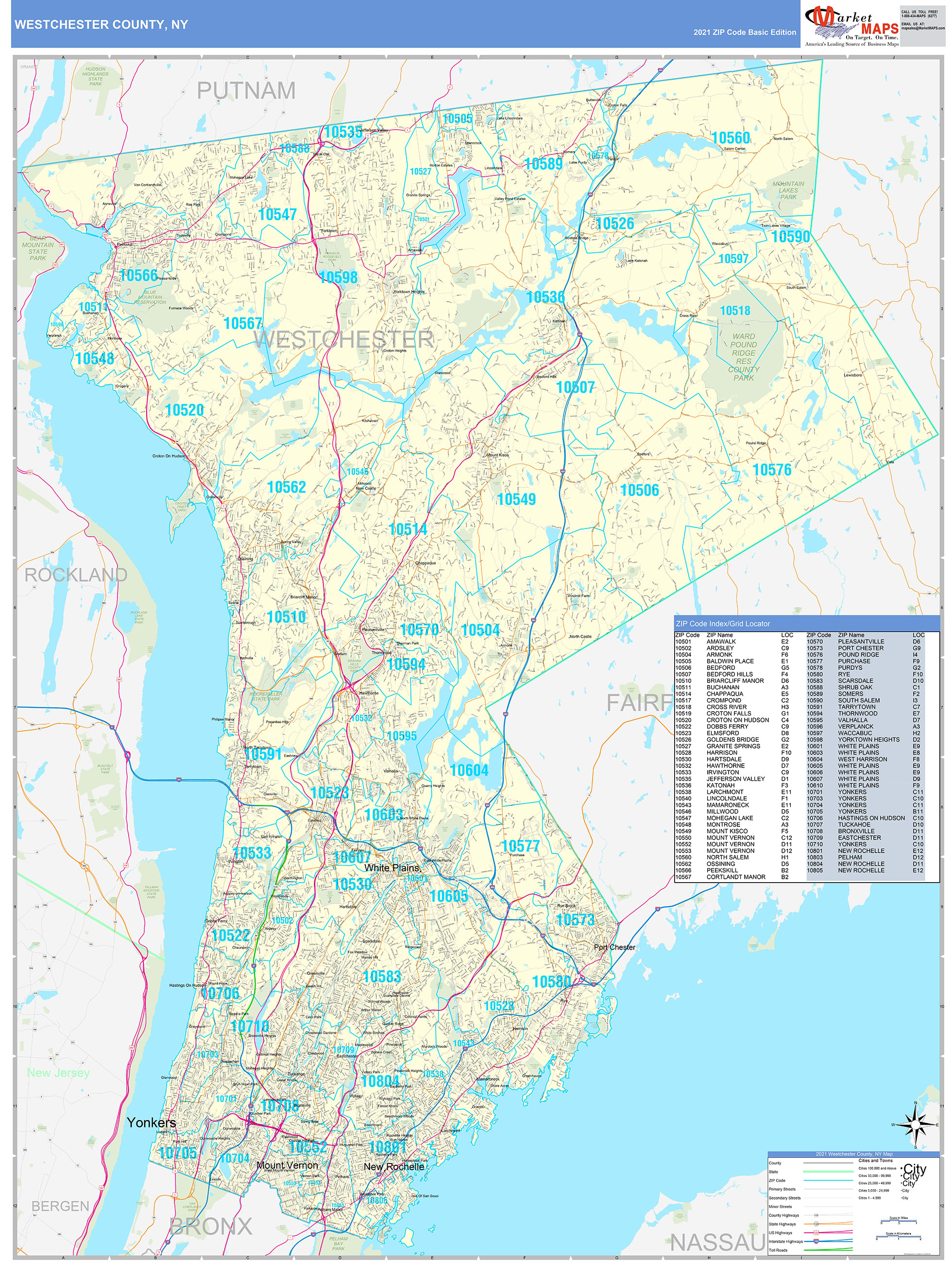 Westchester County, NY Zip Code Wall Map Basic Style by MarketMAPS