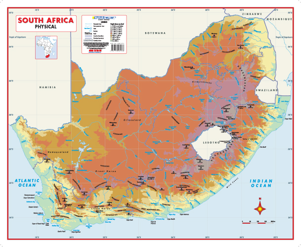 South Africa Physical Educational Wall Map -- MapStudio